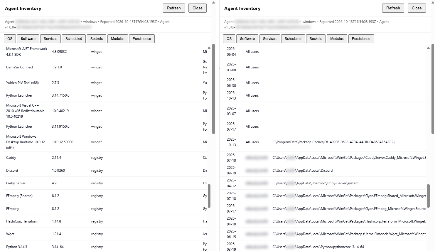 Left: the Name, Version and Source columns of the per-user rows. Right: the same rows scrolled to Installed for and Install path
