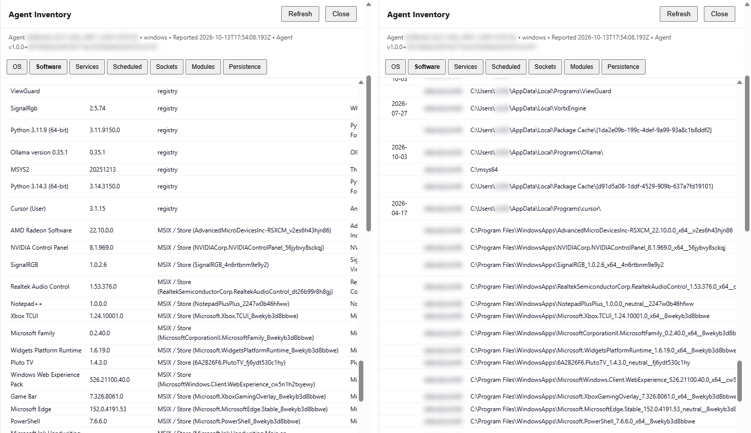 Left: MSIX rows with the Source label and package family name. Right: the same rows showing Installed for and the WindowsApps path