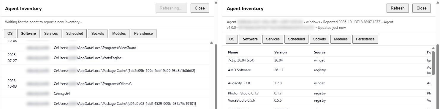 Left: the drawer waiting for the agent after Refresh. Right: the header showing the new report time and Updated just now