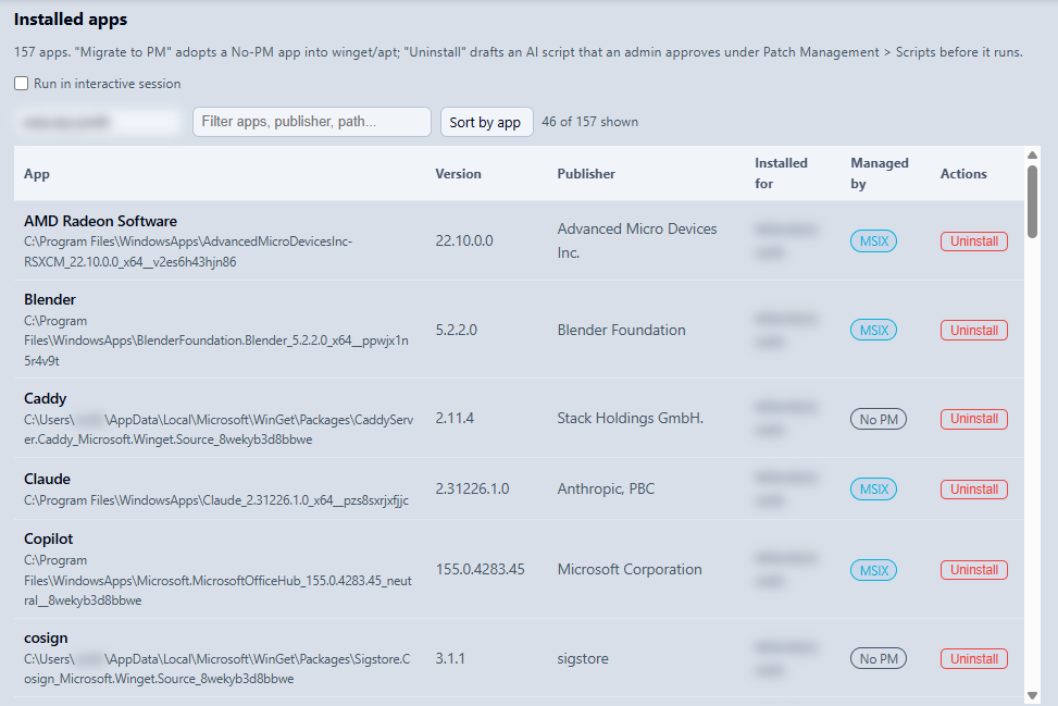 Patch Management Installed apps filtered to one user: 46 of 157 rows, each with its install path, the user name, and a MSIX or No PM badge