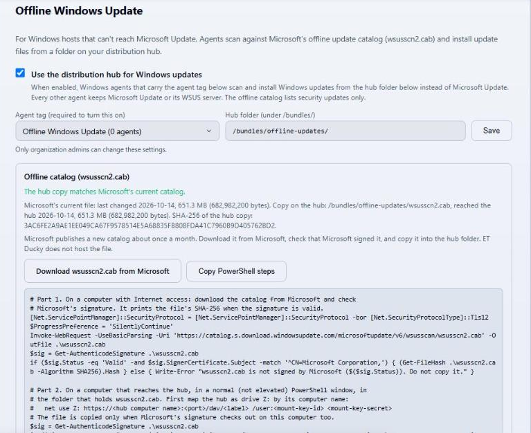 The Offline Windows Update card with the Offline catalog block reporting that the hub copy matches Microsoft's current catalog