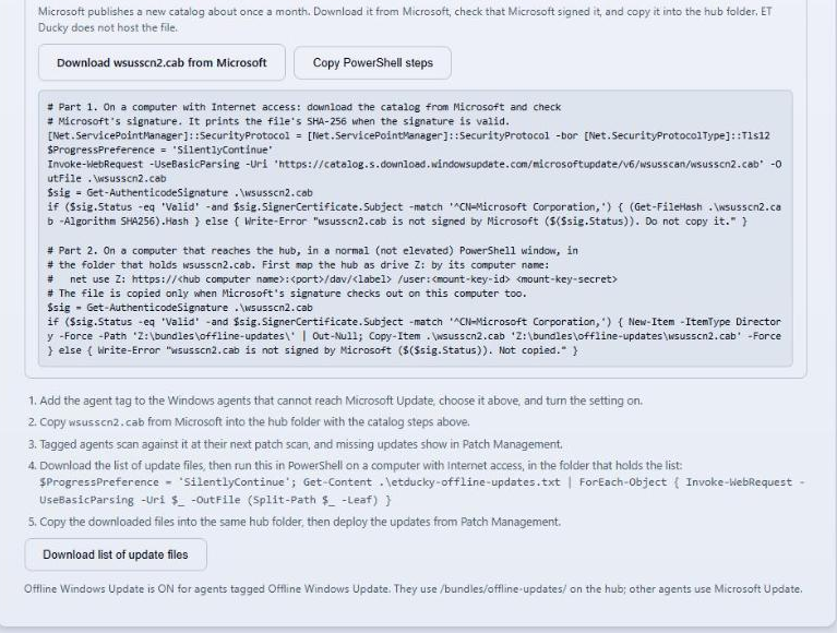 The PowerShell download, signature check and copy steps on the card, above the five numbered setup steps