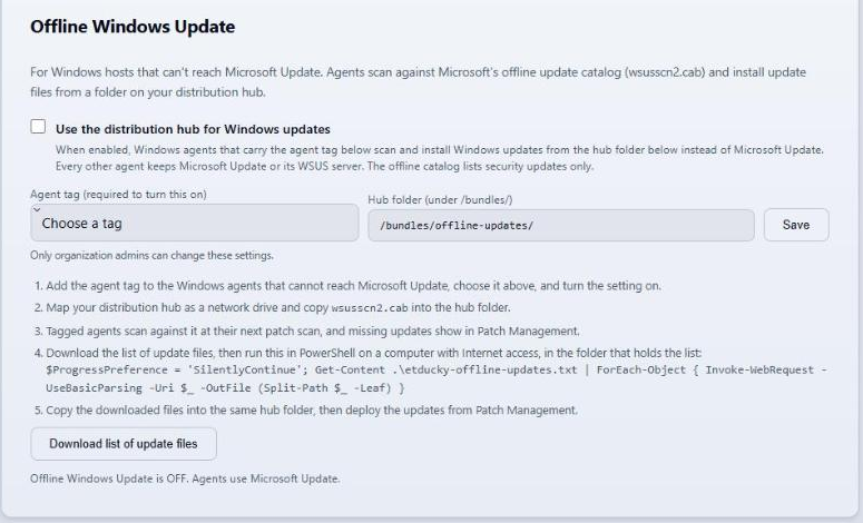 The Offline Windows Update card in Team, Workspace, with the on switch, the agent tag picker, the hub folder, and the five setup steps