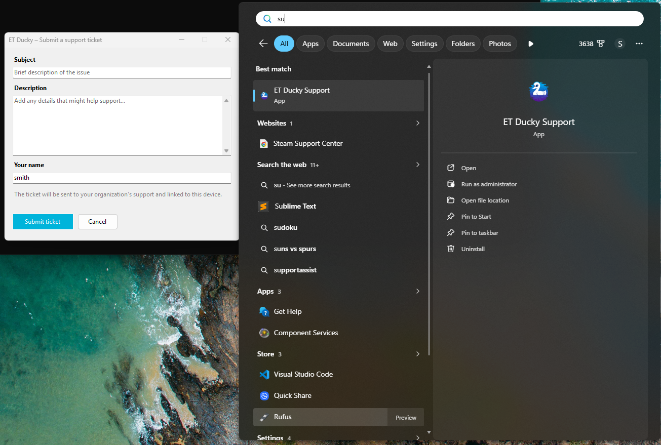 ET Ducky ticket system enables users of agent hosts to request support