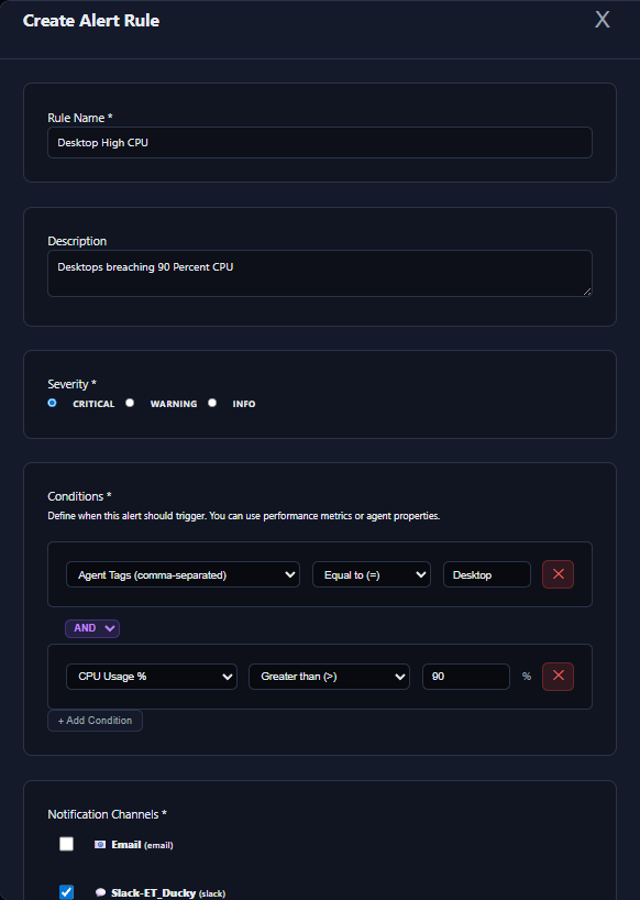 ET Ducky alert rule builder and AI-powered alert analysis dashboard