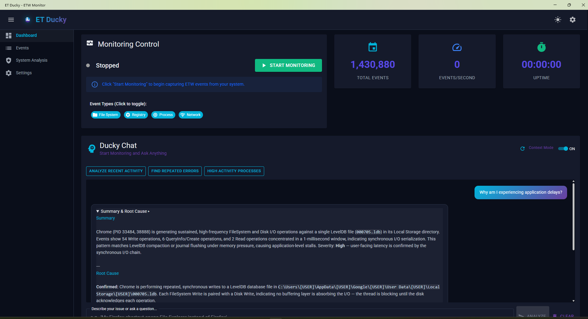 ET Ducky desktop application showing real-time ETW event analysis on Windows 11