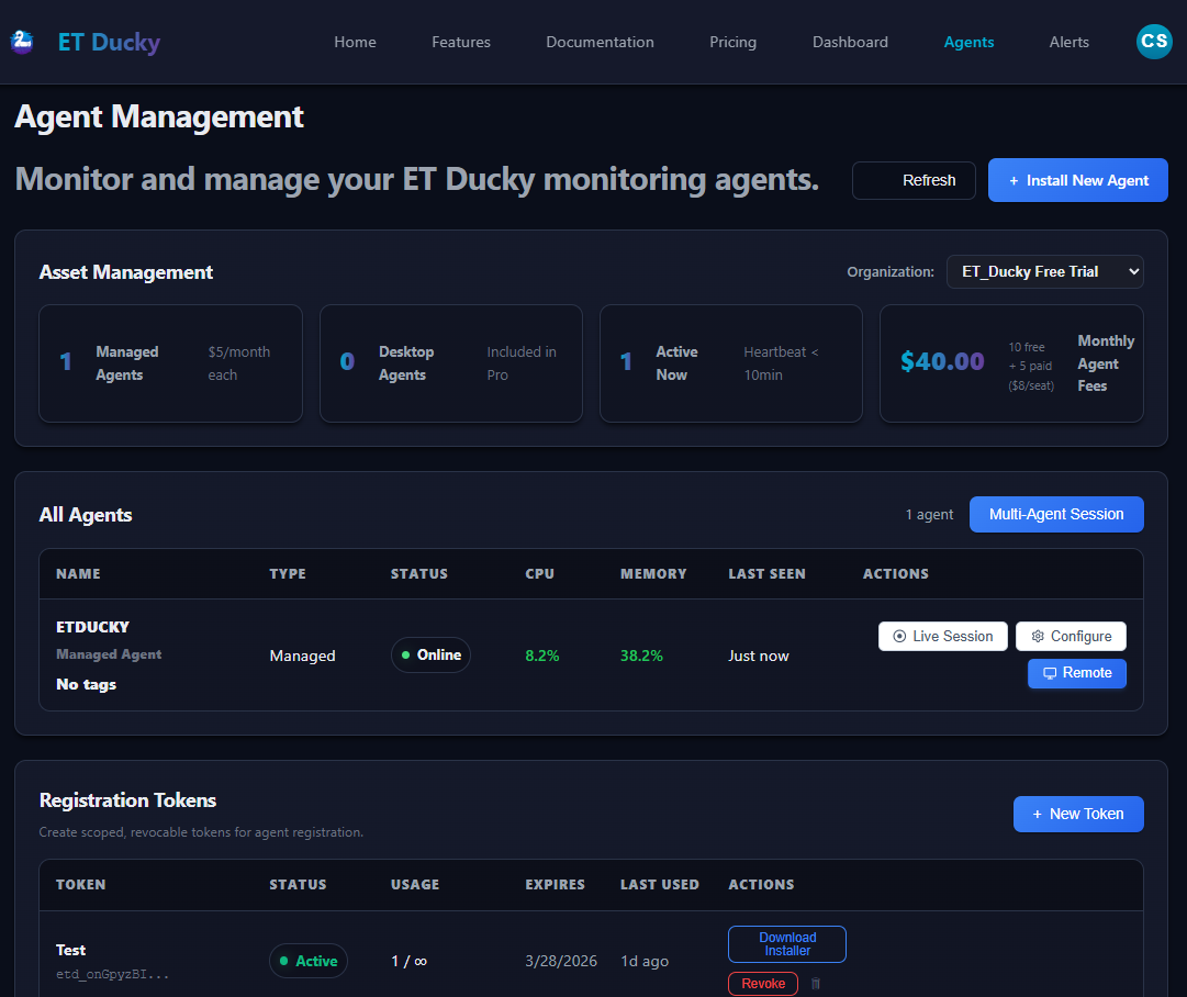 ET Ducky fleet dashboard showing agent health metrics, online status, and alert summary