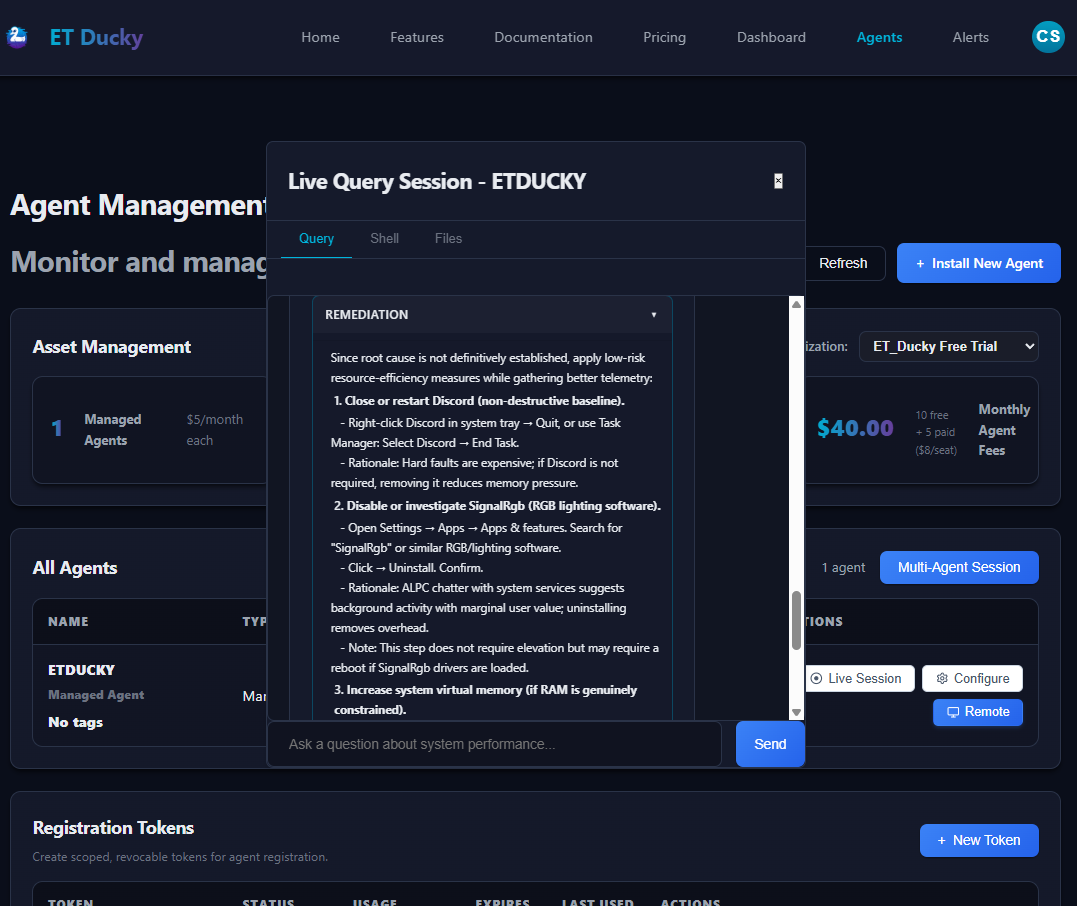 ET Ducky live session with AI-powered diagnostic query, approved script execution, and file transfer tabs