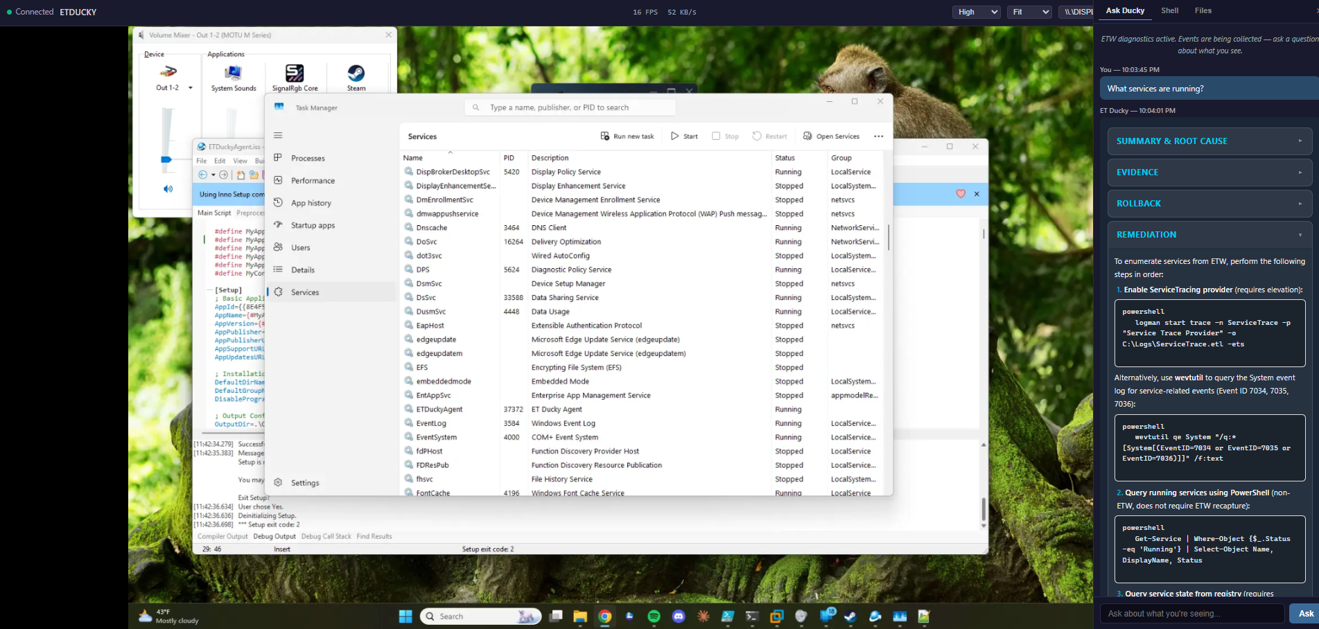 ET Ducky browser-based remote desktop session with integrated diagnostics toolbar