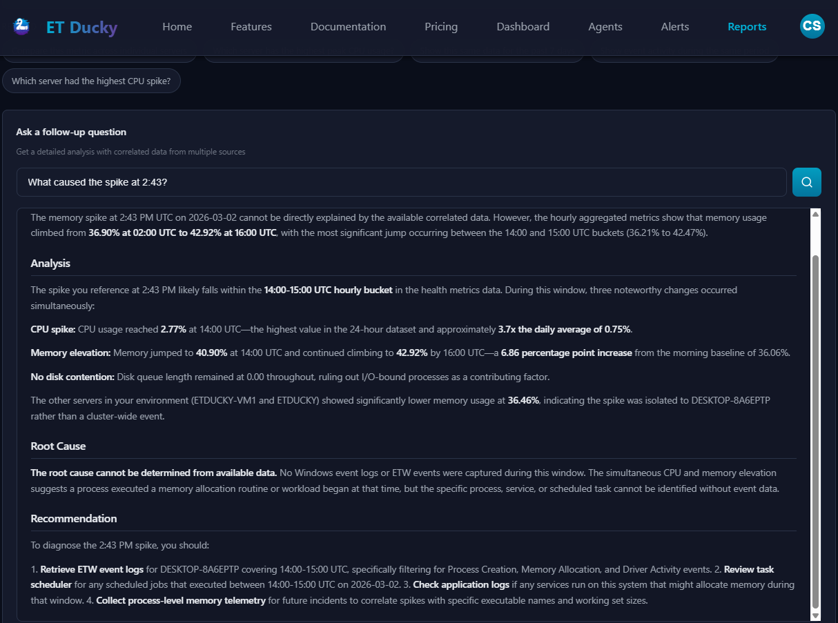 ET Ducky Smart Reports follow-up analysis with cross-source data correlation and AI narrative